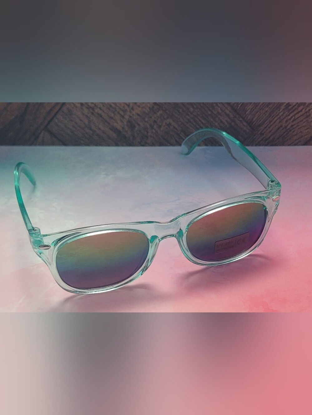 Mint Green Translucent Frame Sunglasses with Iridescent Lenses For Kids
